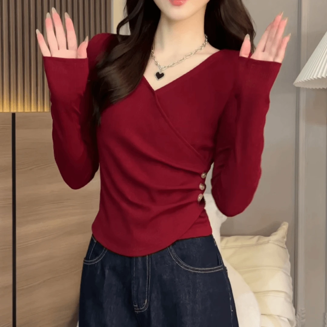 新款时尚纯色百搭设计感V领T恤秋季修身显瘦洋气长袖上衣打底衫女