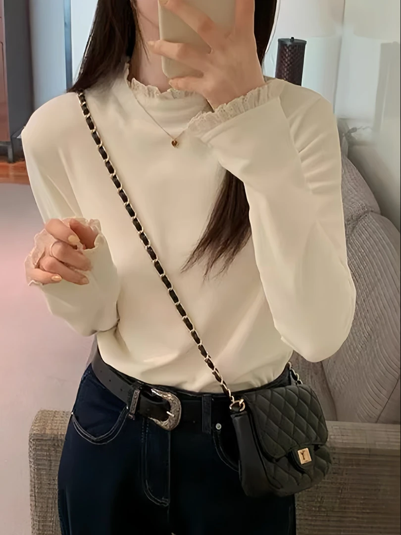2025秋冬新款时尚花边蕾丝领德绒打底衫高级感拼接上衣长袖T恤女