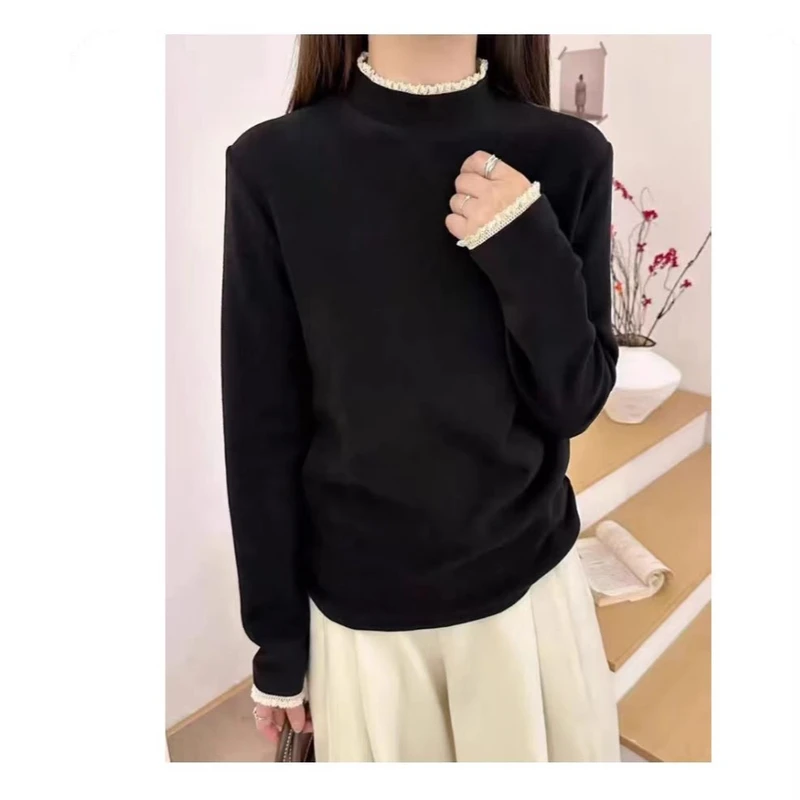 早秋2025新款德绒时尚花边蕾丝拼接领打底衫高级感上衣长袖T恤女