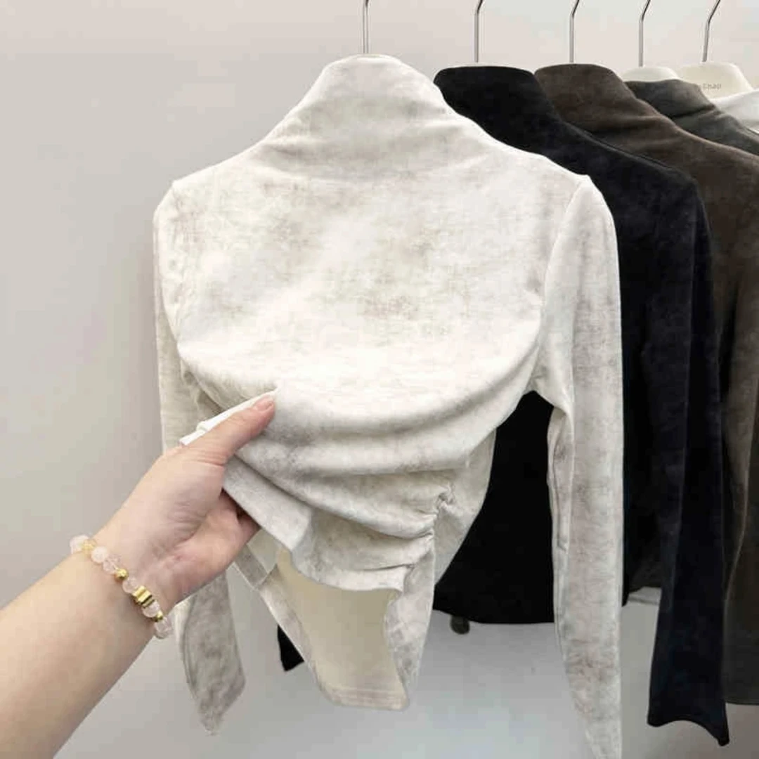 小众正肩半高领褶皱收腰扎染长袖秋冬新款设计感德绒内搭打底衫女