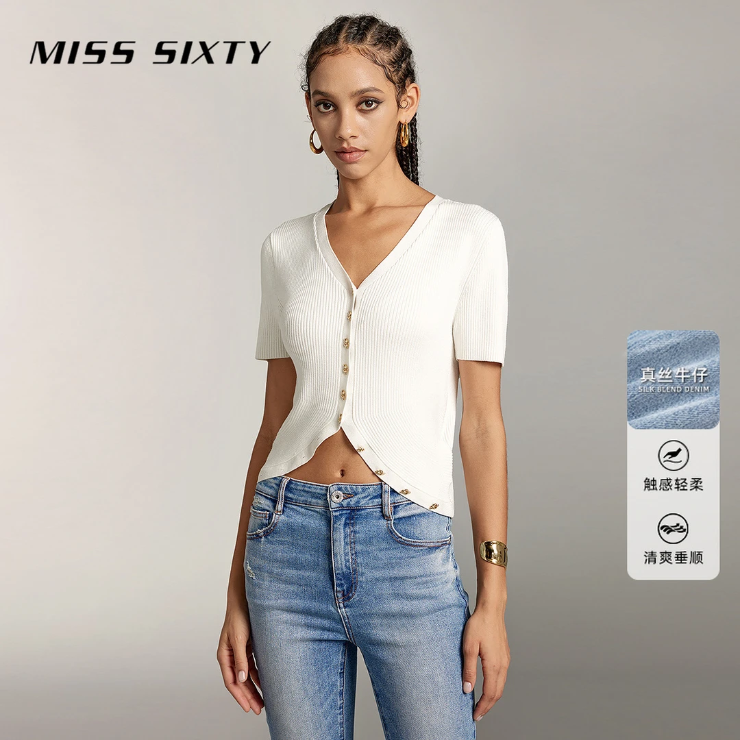 Miss Sixty针织外套女气质软糯V领金扣开衩修身显瘦设计感性感