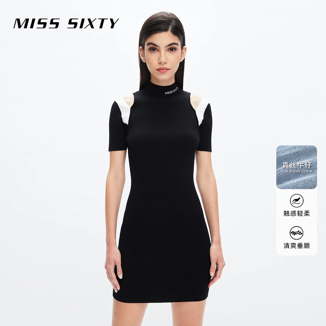 Miss Sixty2023秋季新款毛织连衣裙女黑白撞色收腰短袖半高领性感