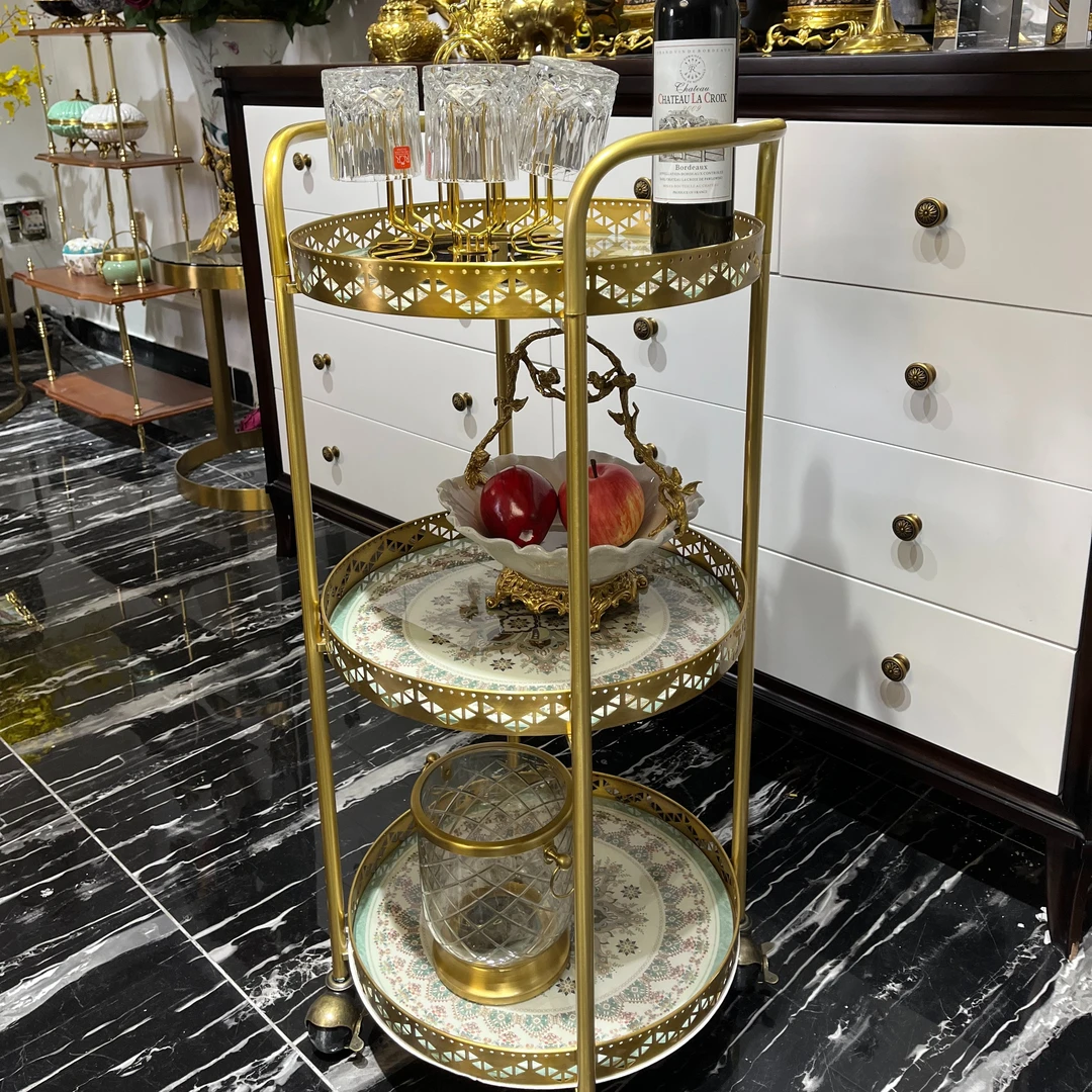 全铜黄铜高端法式美式餐车三层置物架客厅家用创意落地旋转圆形