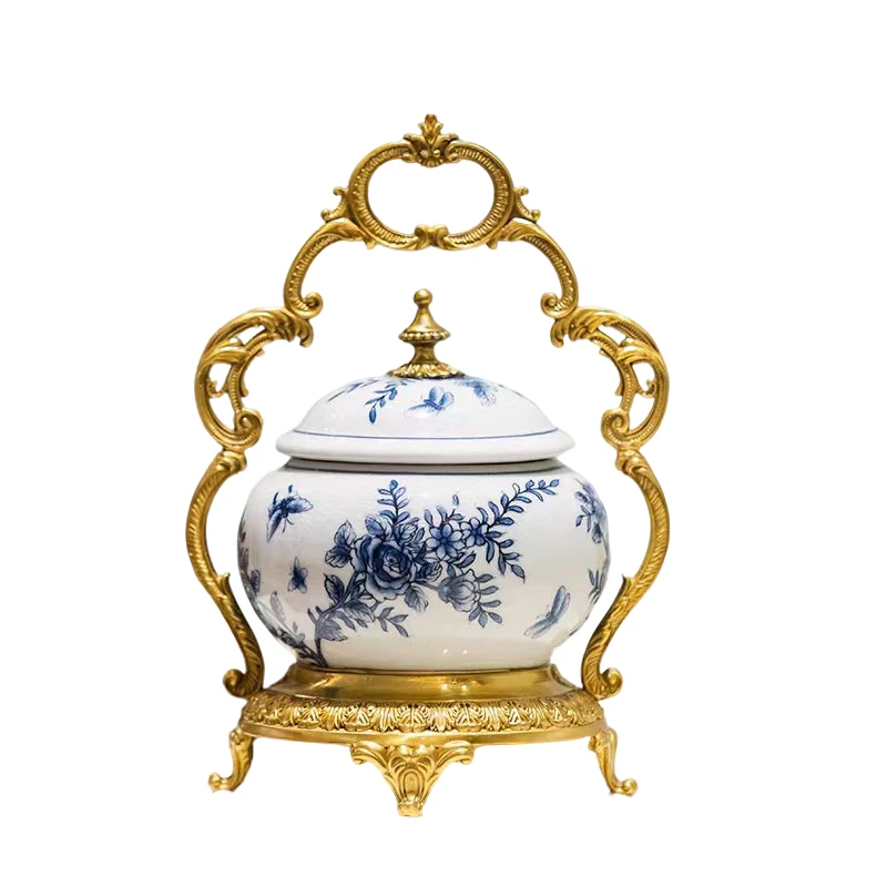 黛姿2207C 青花盖盒储物罐客厅陶瓷糖果盒手提茶叶罐黄铜包陶瓷