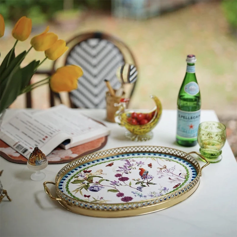 欧式手绘花鸟陶瓷装饰化妆品酒具黄铜椭圆托盘水果盘茶盘收纳盘