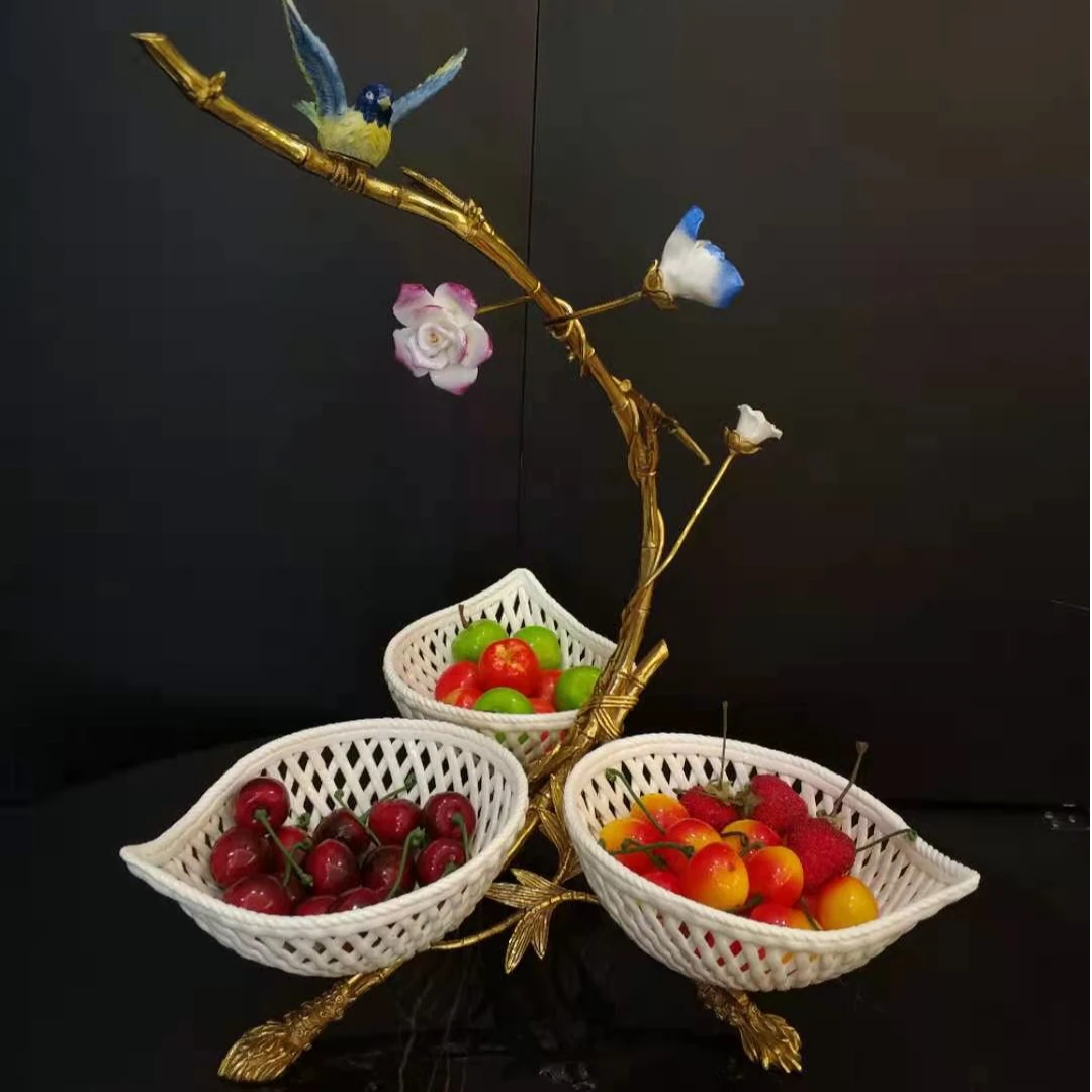 黛姿2006 法式设计师高奢陶瓷分格盘喜上眉梢黄铜配陶瓷果盘