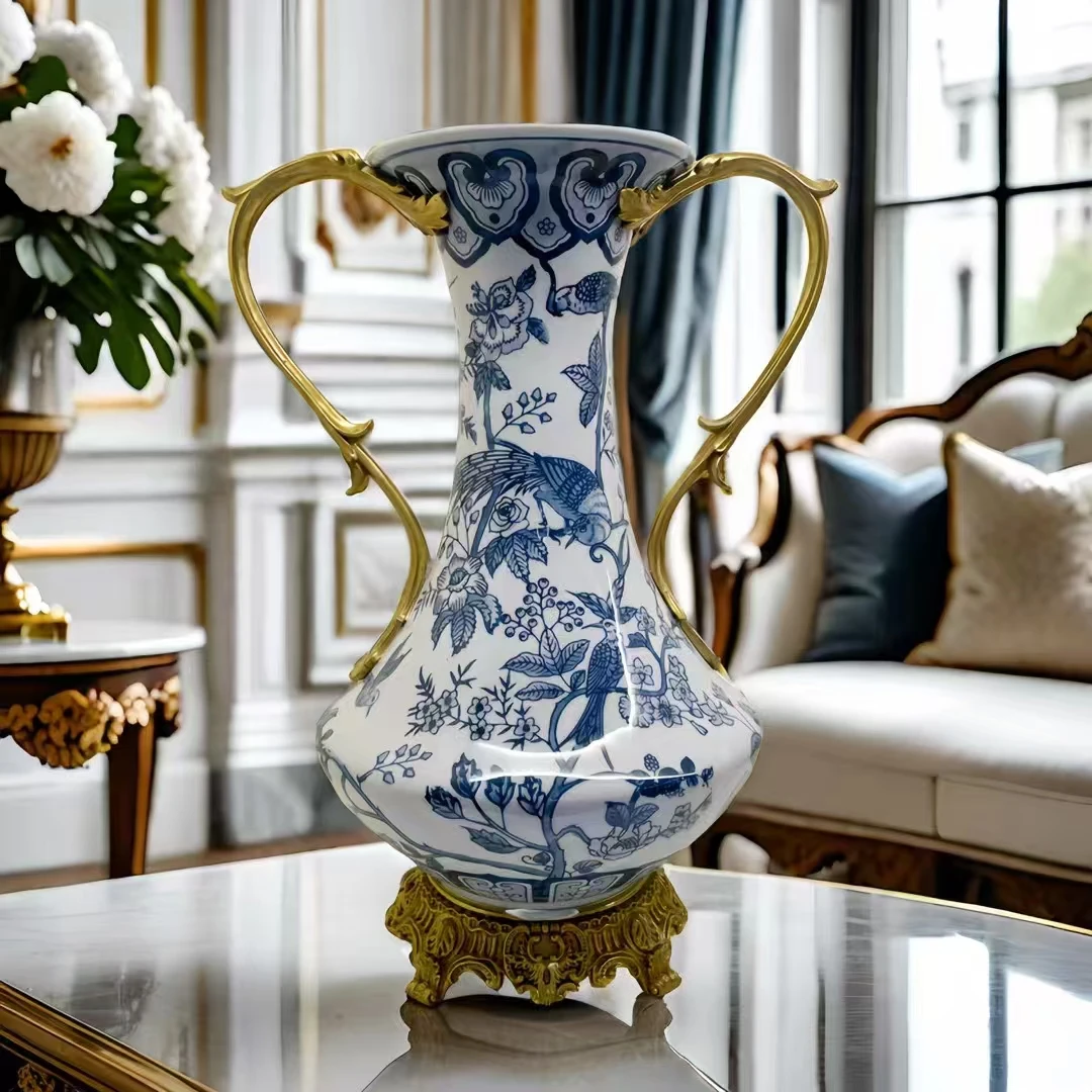 黛姿家居青花陶瓷花瓶插花黄铜配瓷细口花瓶X2225