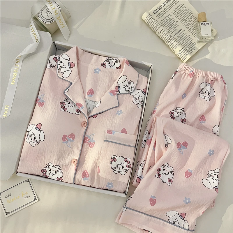 【草莓猫咪】春秋季开衫长袖睡衣女甜美可爱卡通家居服套装11312