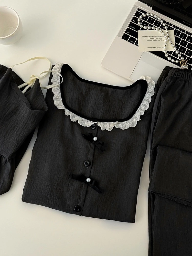 【简约深灰】春秋季长袖睡衣女甜美可爱卡通家居服三件套装11322