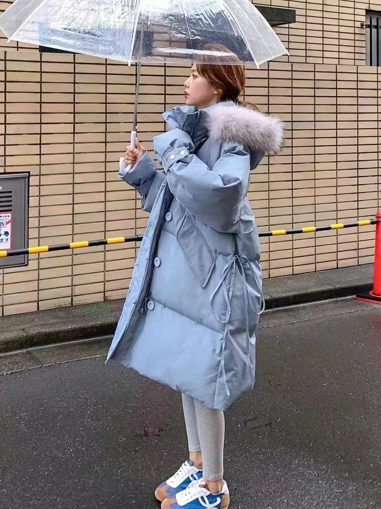 奶蓝色中长款棉服女加厚保暖宽松面包服外套冬季