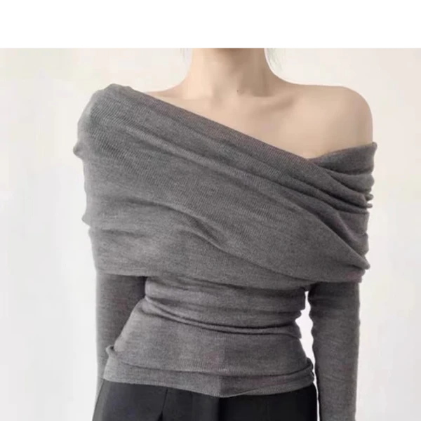 性感风软糯一字锁骨设计长袖女春秋修身显瘦上衣时尚外出短衫百搭