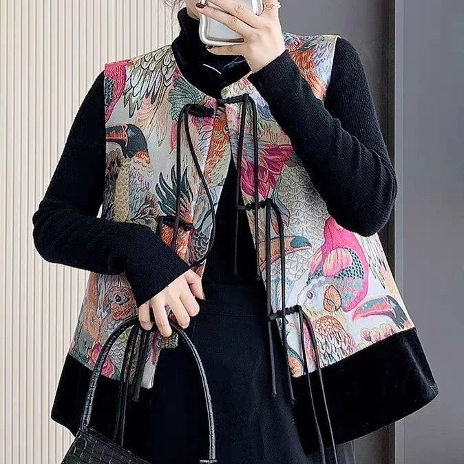 2024春秋新款复古提花马甲女中式轻国风盘扣唐装无袖立领外套