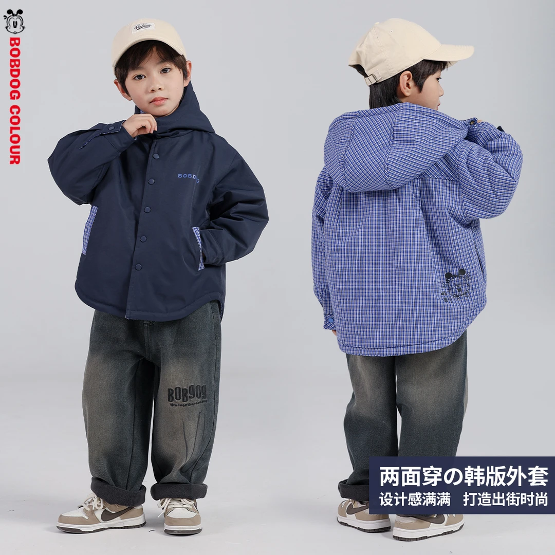 巴布豆2024秋冬男童外套加厚洋气女童上衣儿童中大童时尚两面穿潮