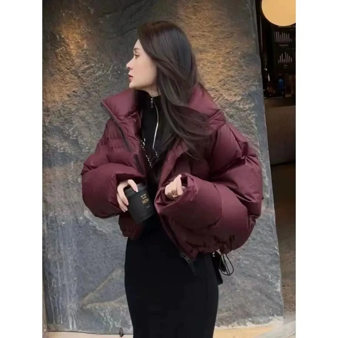 反季咖色立领羽绒棉服女短款小个子2023年冬季加厚高腰肯豆风羽绒