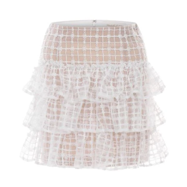 WARDROBES BY CHEN白色方格亮片抽褶层䬓显瘦半身裙 DY23AU0919