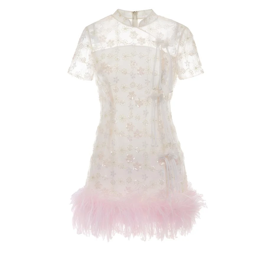 WARDROBES BY CHEN新中式绣珠⽚⽻⽑盘扣连⾐裙DY24SS0340