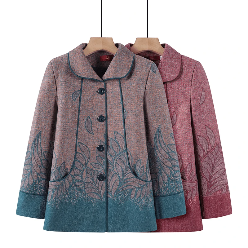 奶奶装秋冬装长袖上衣外套毛呢妈妈装中老年翻领秋季