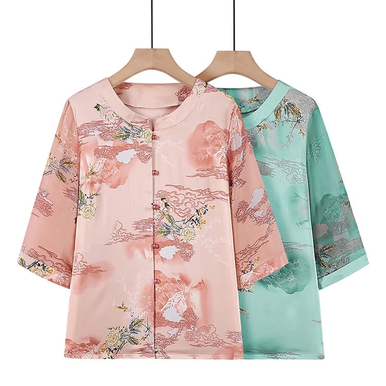 大码妈妈装国风薄款老人外套衬衫睡衣开衫夏季宽松七分袖气质印花