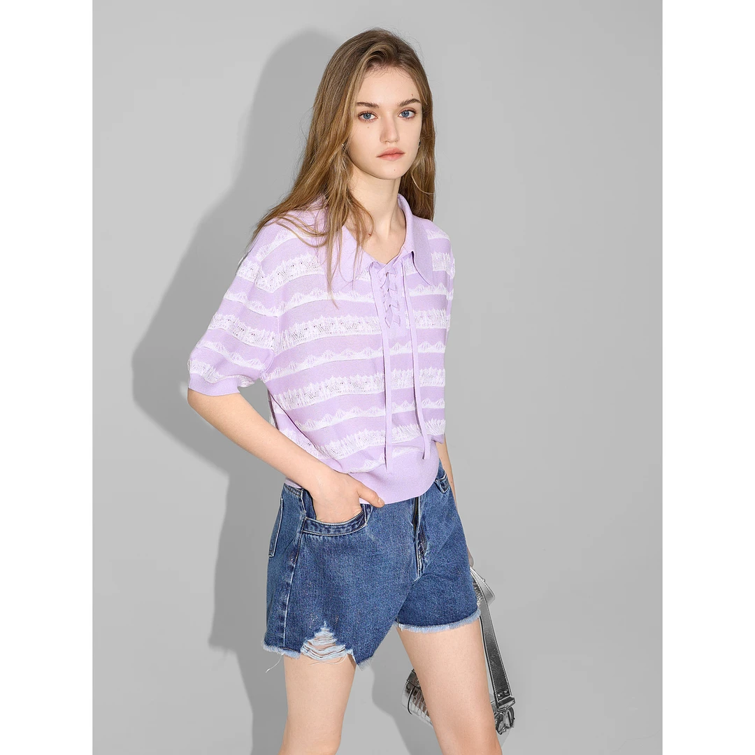 贝茜妮法式条纹镂空提花针织衫女新款短款设计感