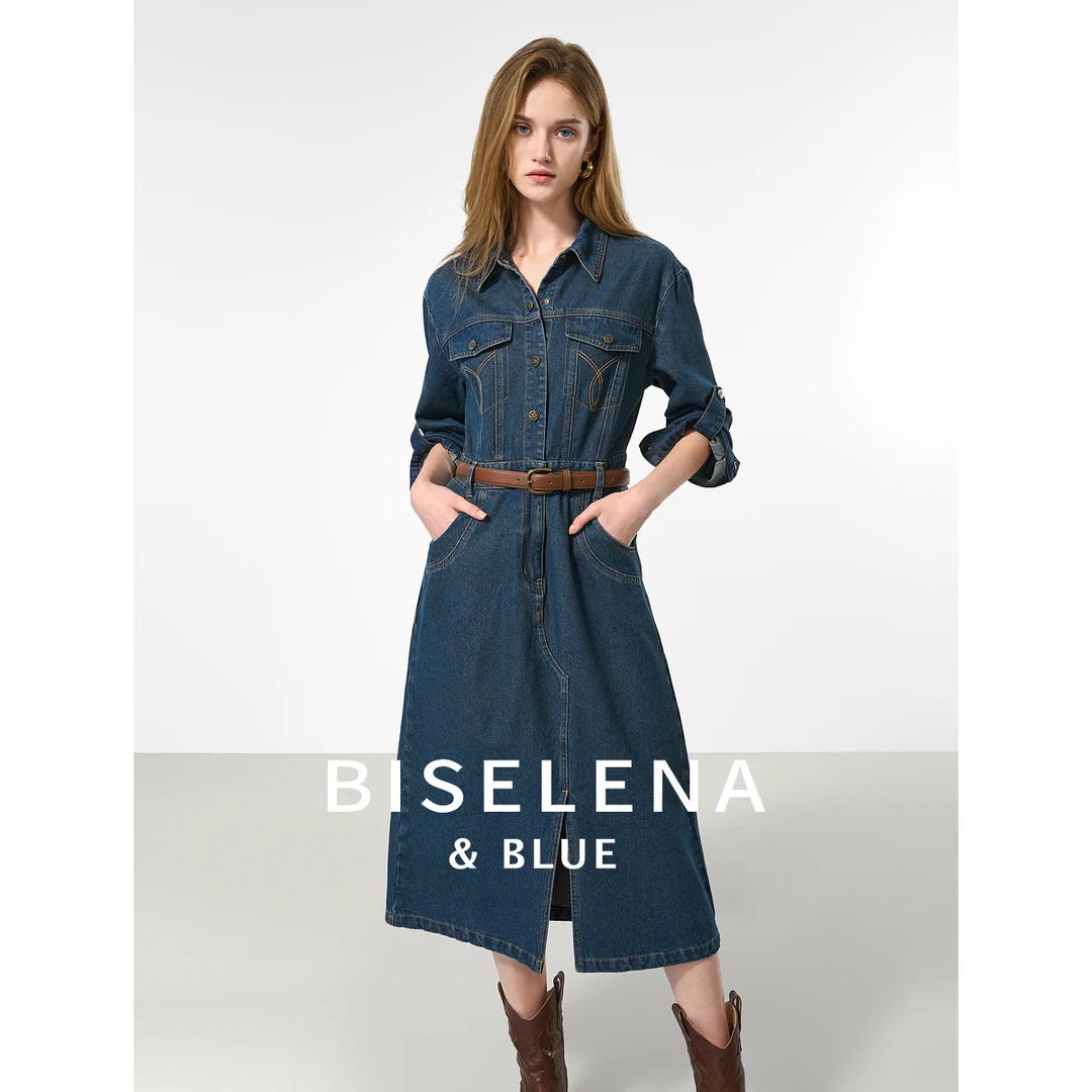 3028贝茜妮重工水牛仔连衣裙女秋新款设计感翻领裙子