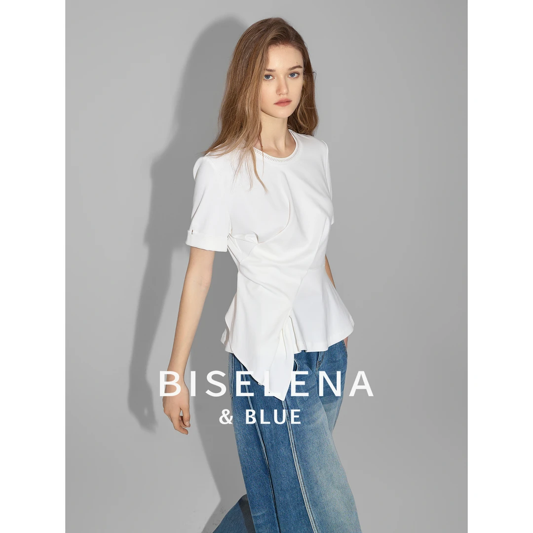 5526贝茜妮法式复古设计感不规则白色t恤女新款短款