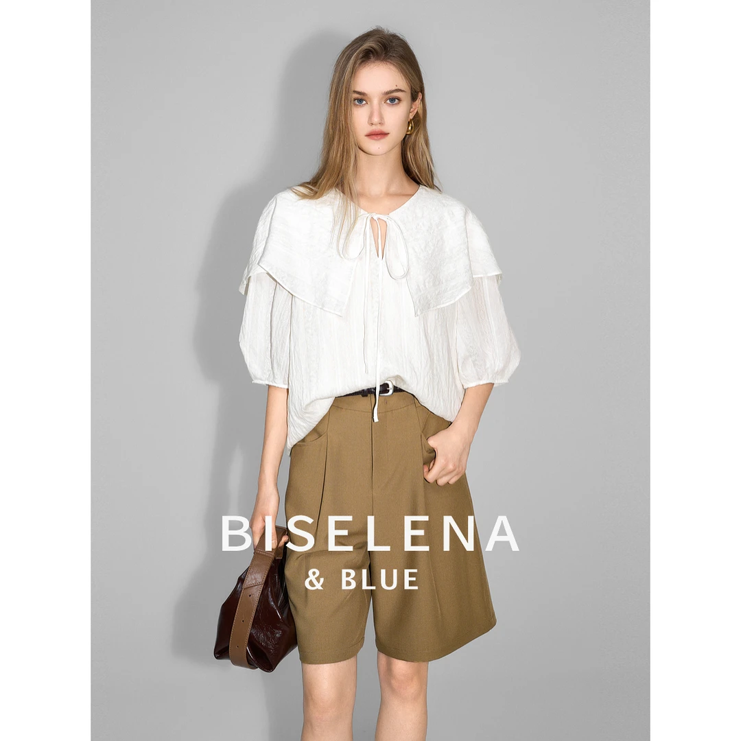 2538贝茜妮法式披肩荷叶领短袖衬衫女新款复古设计感白色