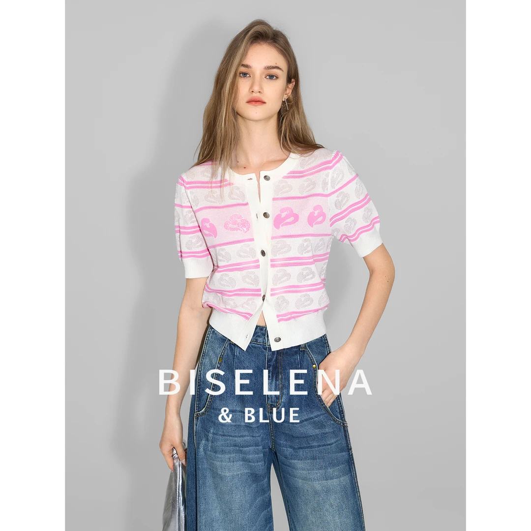 贝茜妮法式多巴胺条纹针织开衫女2024夏季新款设计感提花短袖