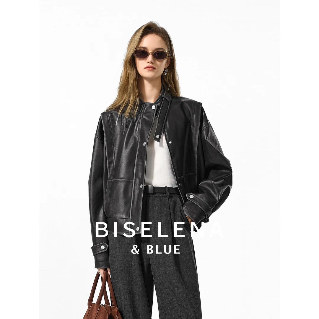 087G贝茜妮休闲仿皮衣外套女秋新款宽松设计感长袖