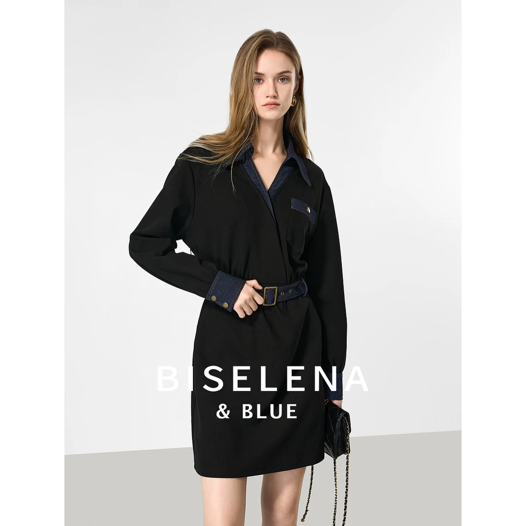 7250贝茜妮|“轻”休闲拼接仿牛仔连衣裙秋收腰裙子