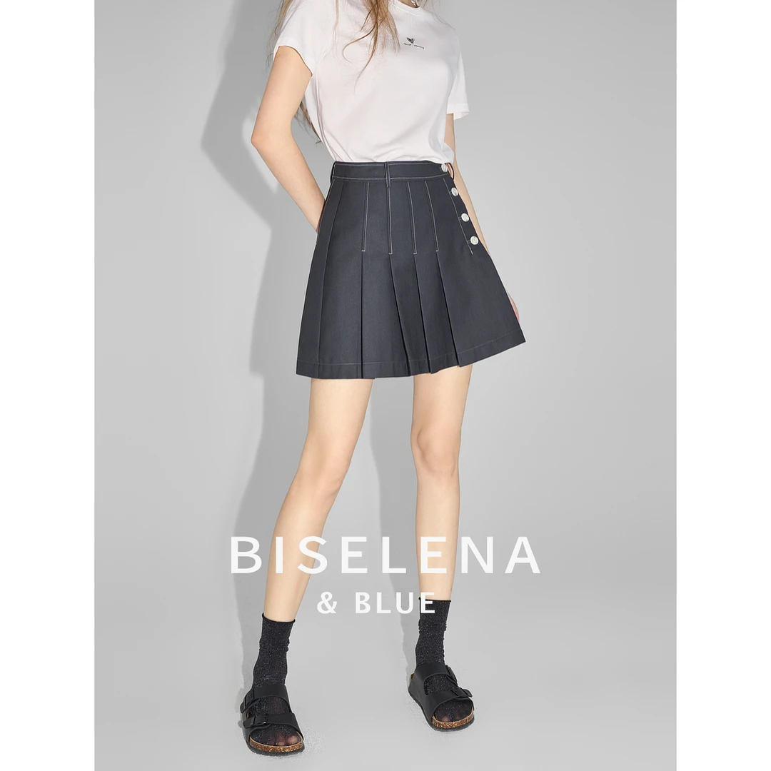 贝茜妮法式复古学院风a字短裙女2024夏设计感不对称百褶裙