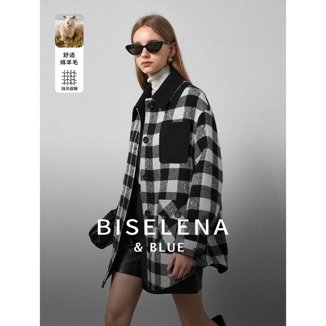 612G贝茜妮美式复古学院风绵羊毛撞色连帽外套女冬新款宽松上衣