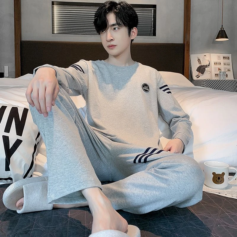男士睡衣长袖棉质青中年春秋季宽松冬天学生家居服套装薄款纯棉