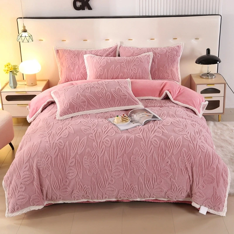 雕花兔兔绒牛奶绒绒四件套加厚加绒两用单人高克重床上用品轻奢