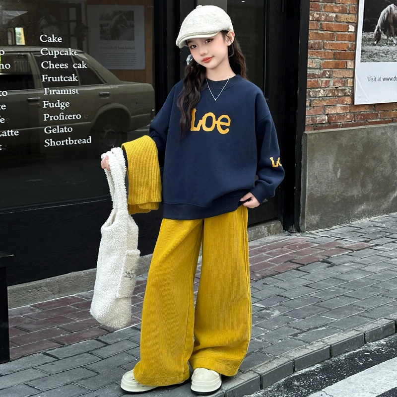 女大童加绒套装秋冬装2024新款休闲初中生卫衣灯芯绒裤子两件套潮