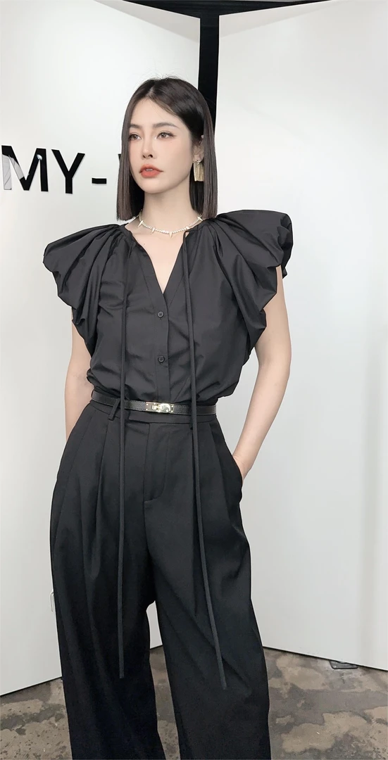 「小福蝶」黑色白色衬衫夏季上衣短袖衬衫设计宽松小众气质返潮复古