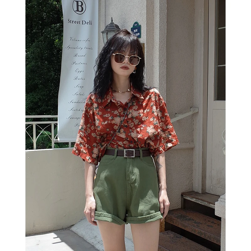 港风复古碎花polo衬衫女夏季薄款设计感小众短袖港味印花衬衣上衣