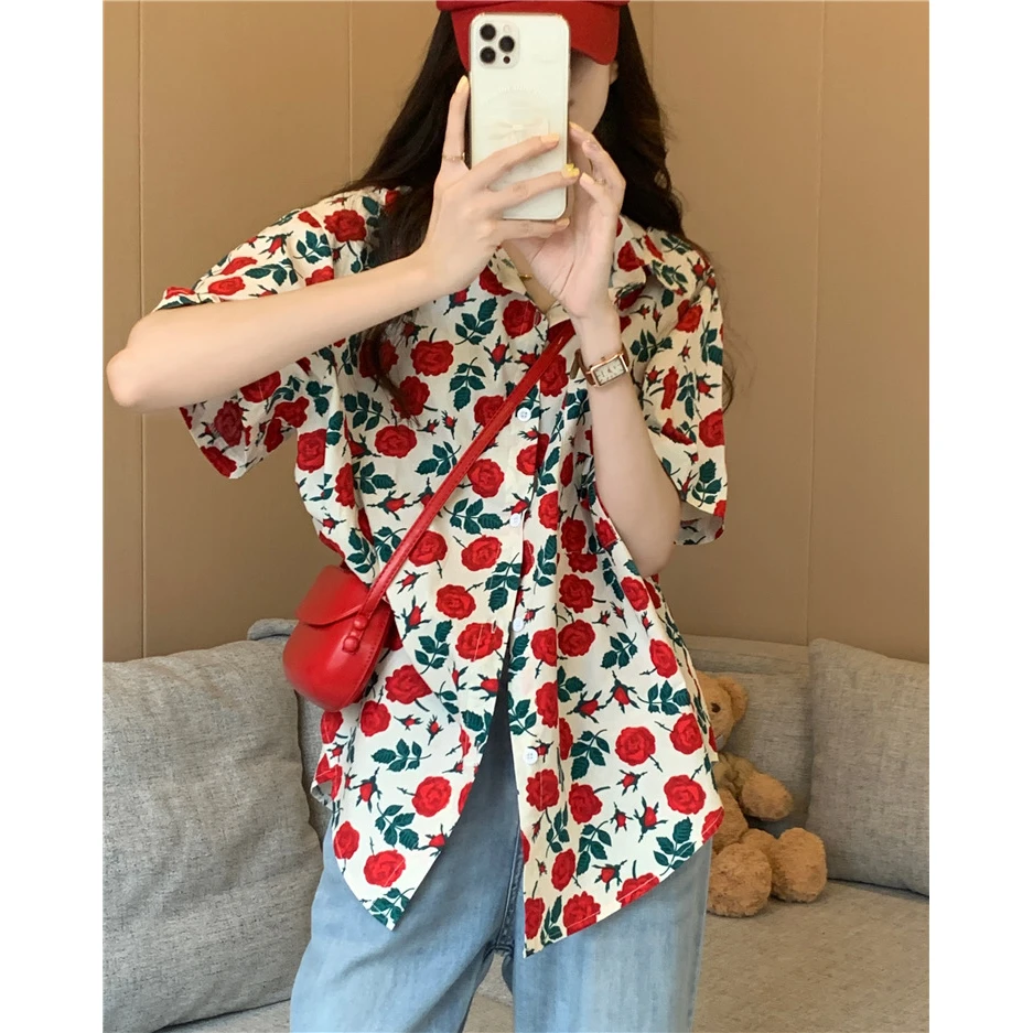 夏季小玫瑰印花短袖衬衫女小个子复古港风小众气质沙滩度假风衬衣