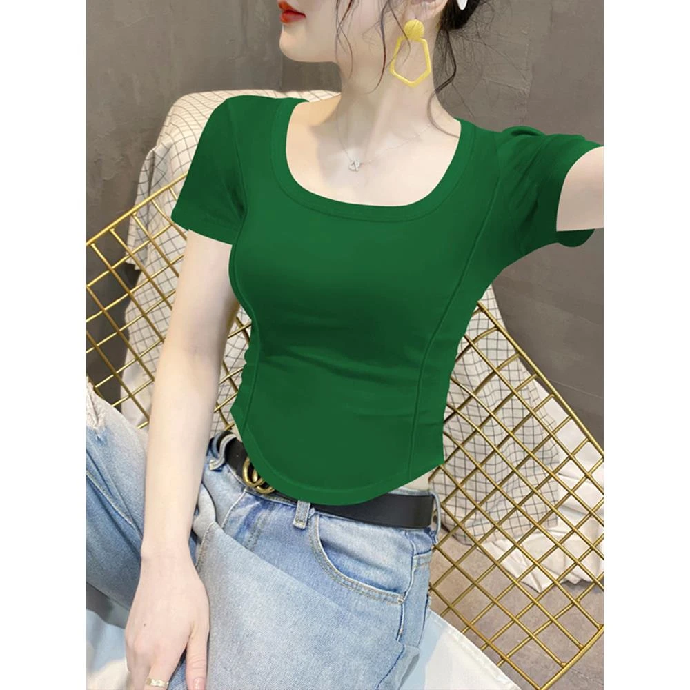 深绿色短袖T恤女2024夏季新款小众设计感鱼骨不规则短款打底上衣