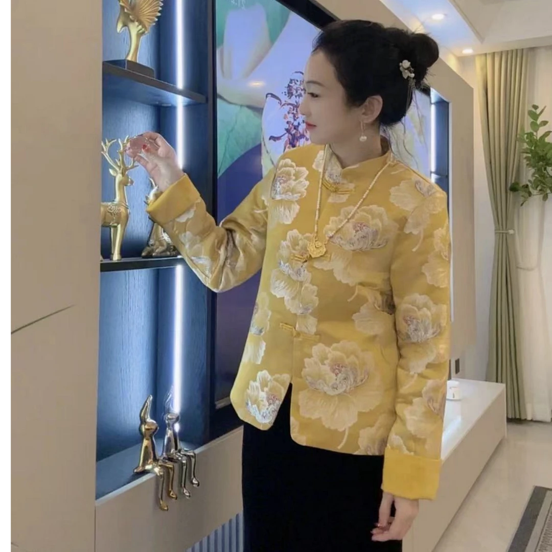 新中式国风2024秋冬季新款气质外套宽松显瘦提花立领上衣百搭