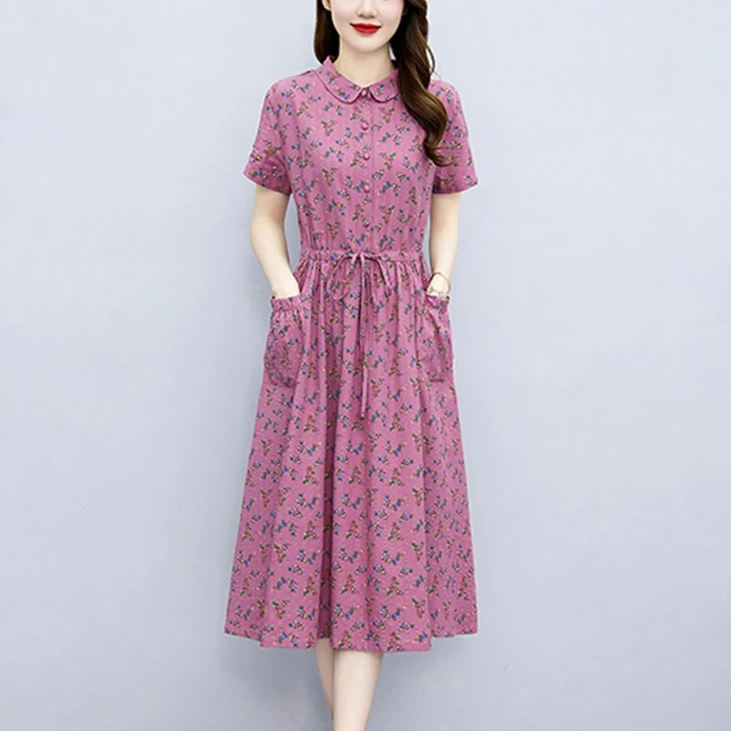 高档棉麻连衣裙女夏季2023新款休闲气质收腰显瘦减龄碎花衬衫裙子