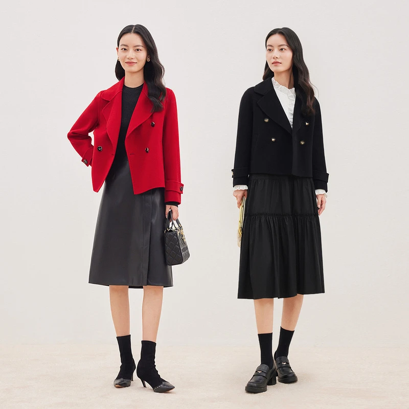 【羊毛桑蚕丝】【新年战袍】珂莱蒂尔毛呢短外套双排扣双面尼外套