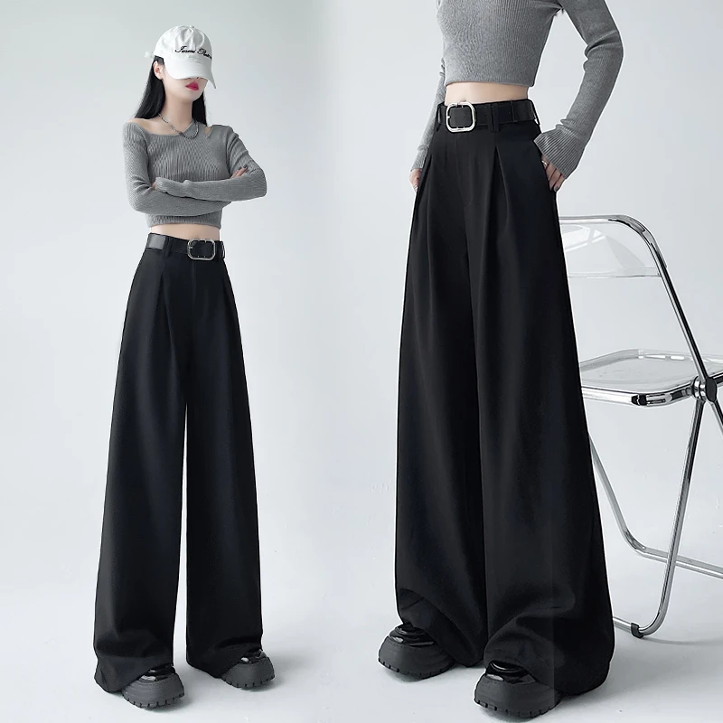 实拍加厚西装阔腿裤女秋季新款高腰垂感直筒宽松休闲裤配加宽皮带