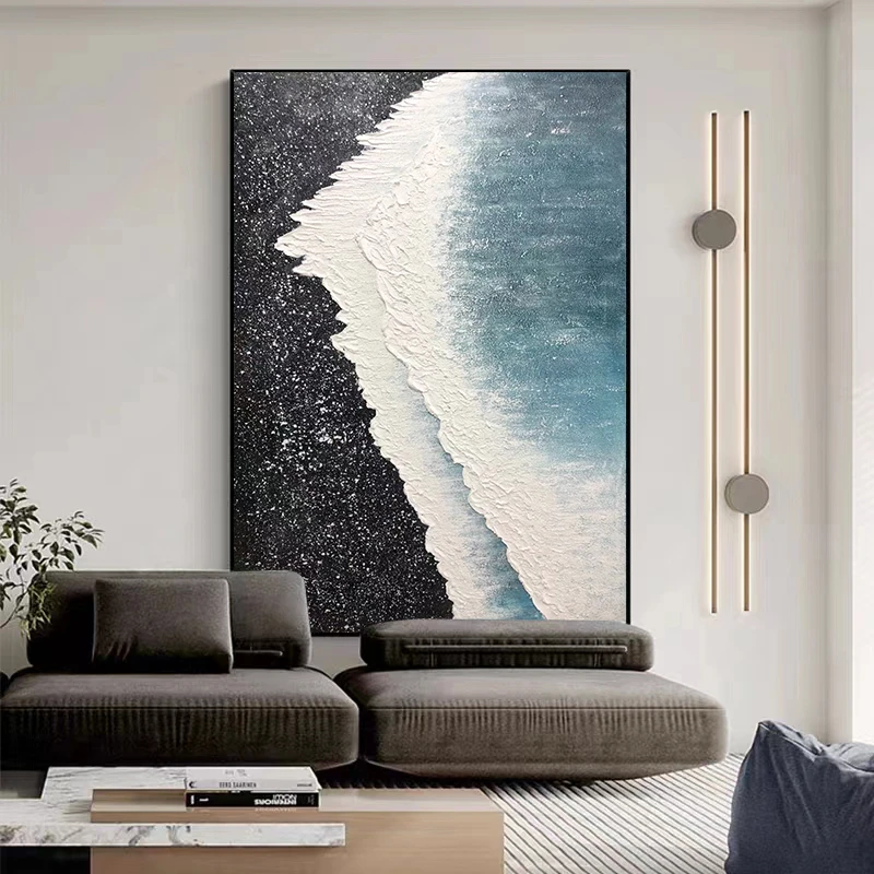 手绘油画《星海》客厅沙发背景墙装饰画玄关现代黑白灰抽象肌理挂画