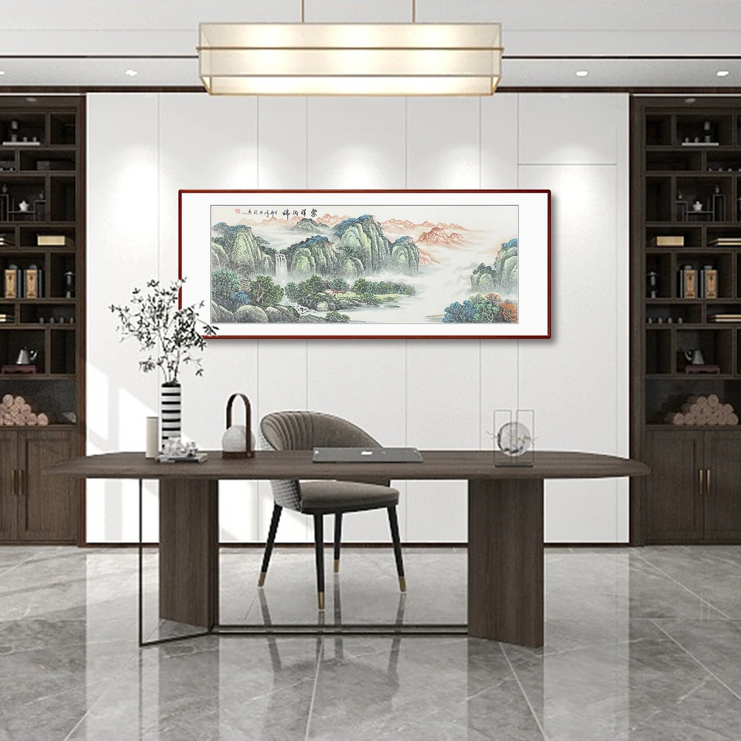手绘【聚祥纳瑞】装框后：219*88CM国画山水画客厅办公室挂画