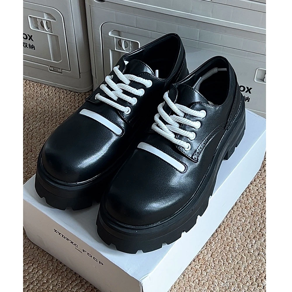 尹政贤 小众设计感拼接设计白线点缀6cm厚底增高德比鞋男通勤百搭