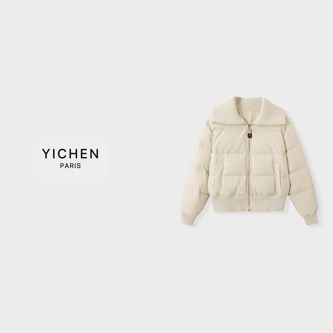 YC 米杏色暗纹提花翻领拼接短款羽绒服-4095
