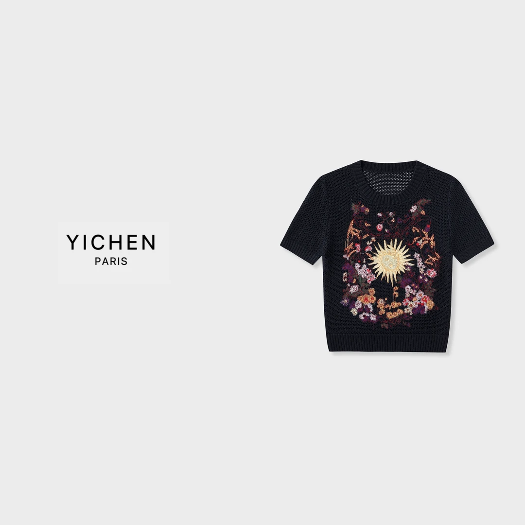 YC 蓝色花卉系列重工刺绣黑色百搭针织短袖-2700