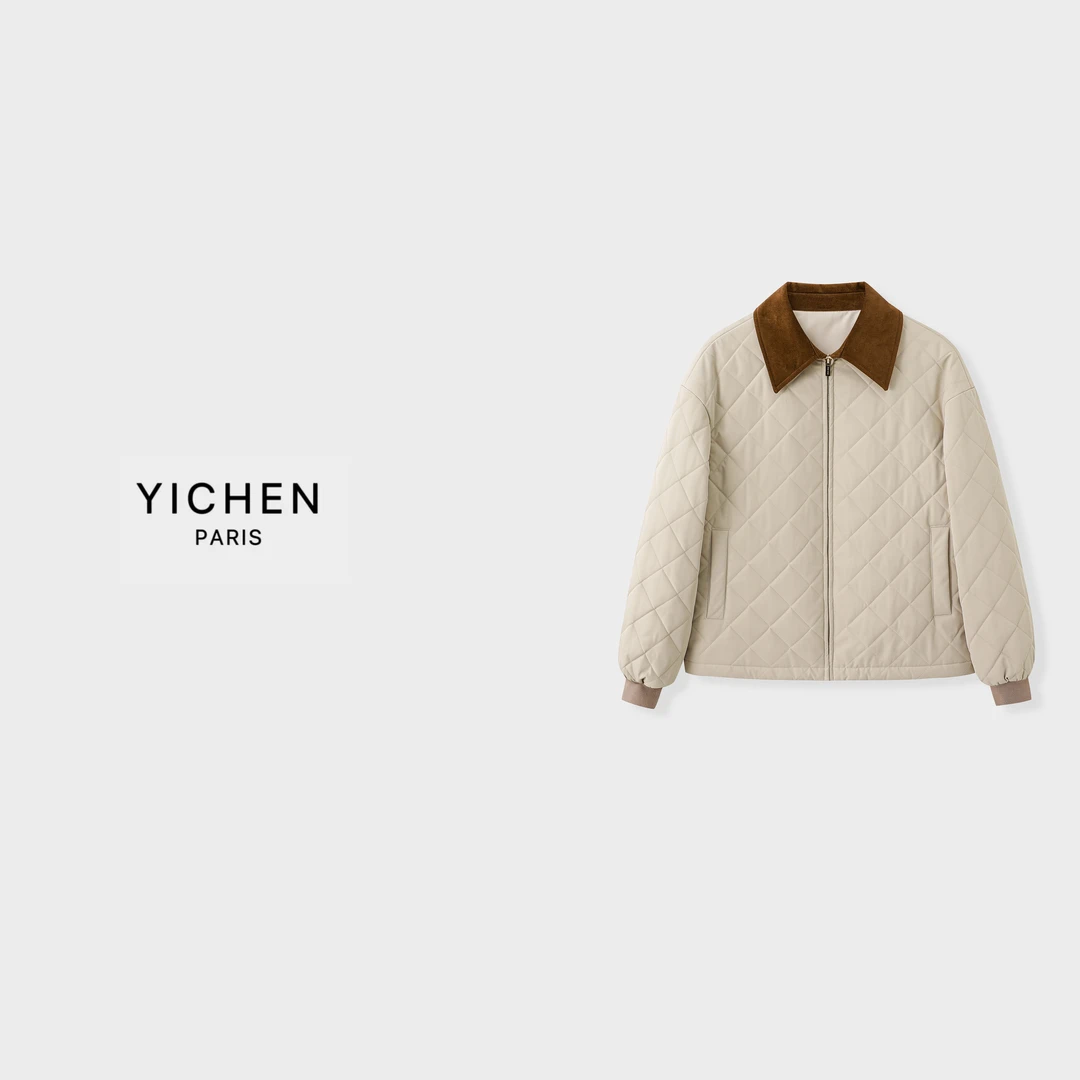 YC 奶茶色翻领菱格字母徽标宽松棉服外套-4065