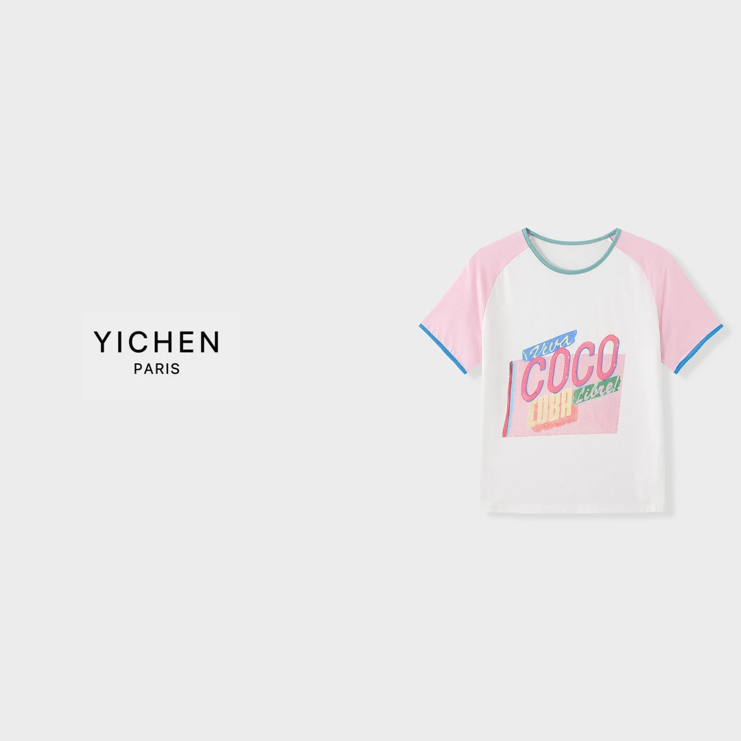 YC 度假系列粉白撞色印花插肩袖圆领T恤-3223