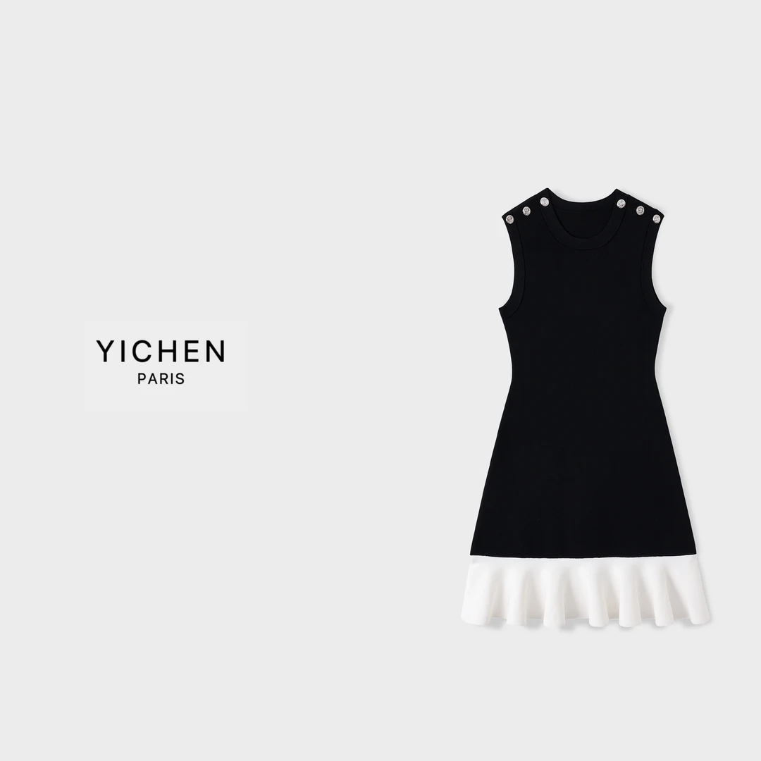 YC 黑白双色肩扣显瘦套头无袖款收腰鱼尾裙-2529